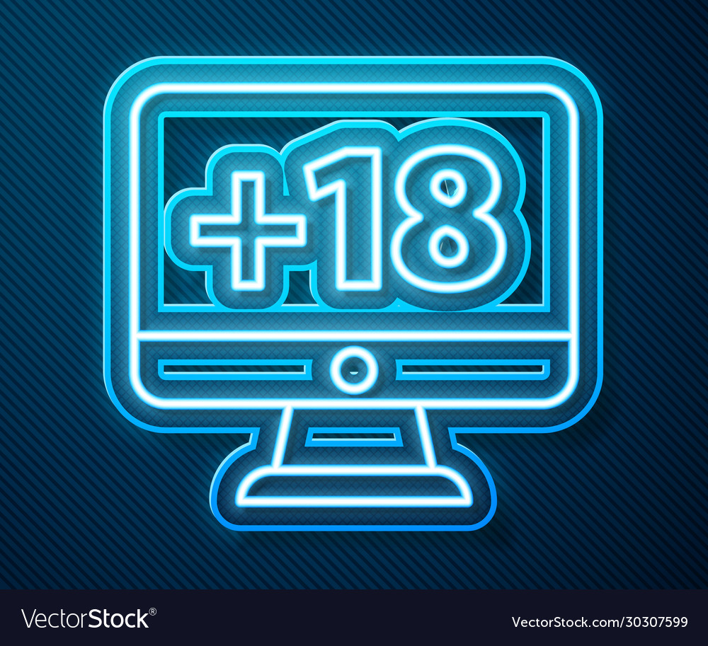 Glowing neon line computer monitor with 18 plus vector image Glowing neon line computer monitor with 18 plus