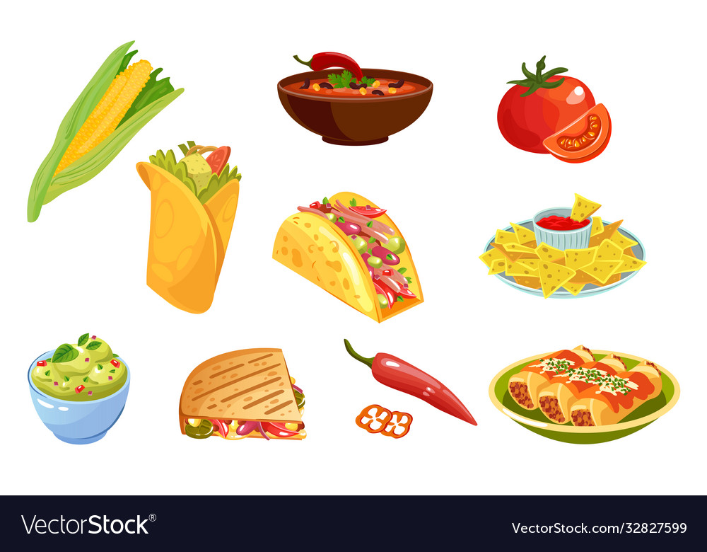 Mexican traditional food set with guacamole Vector Image