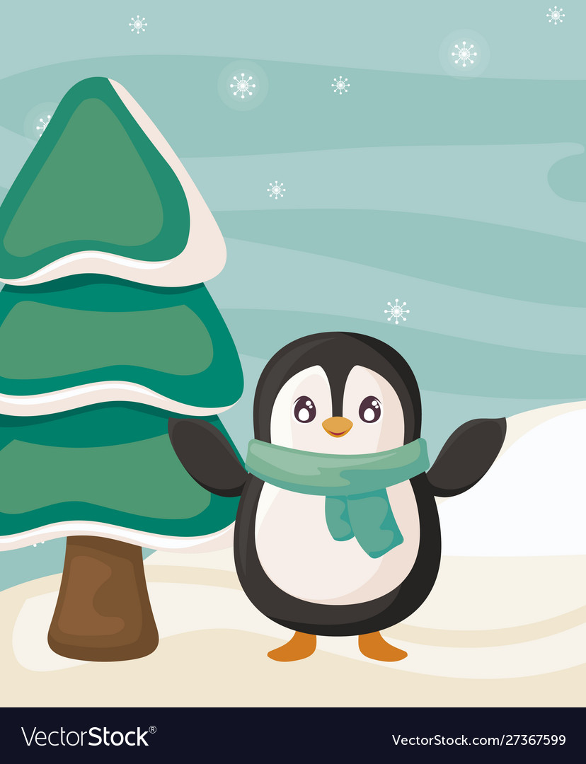 Penguin with scarf and christmas tree on winter