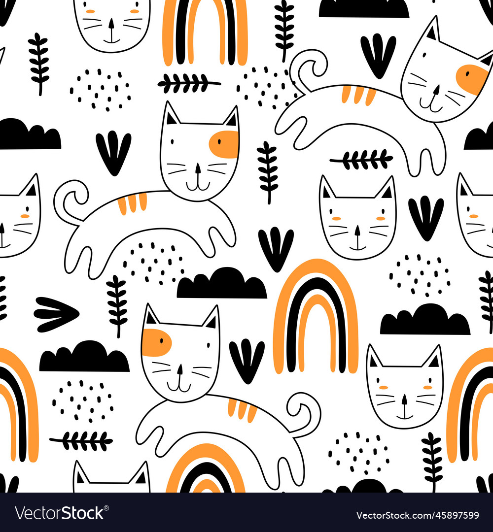 Seamless pattern with cute colorful kittens funny