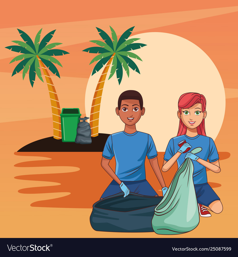 Teenagers cleaning beach Royalty Free Vector Image