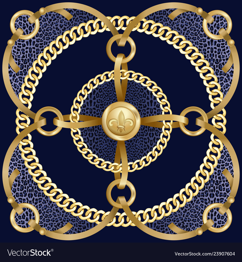 Golden chains and ribbons pattern with leopard vector image Golden chains and ribbons pattern with leopard