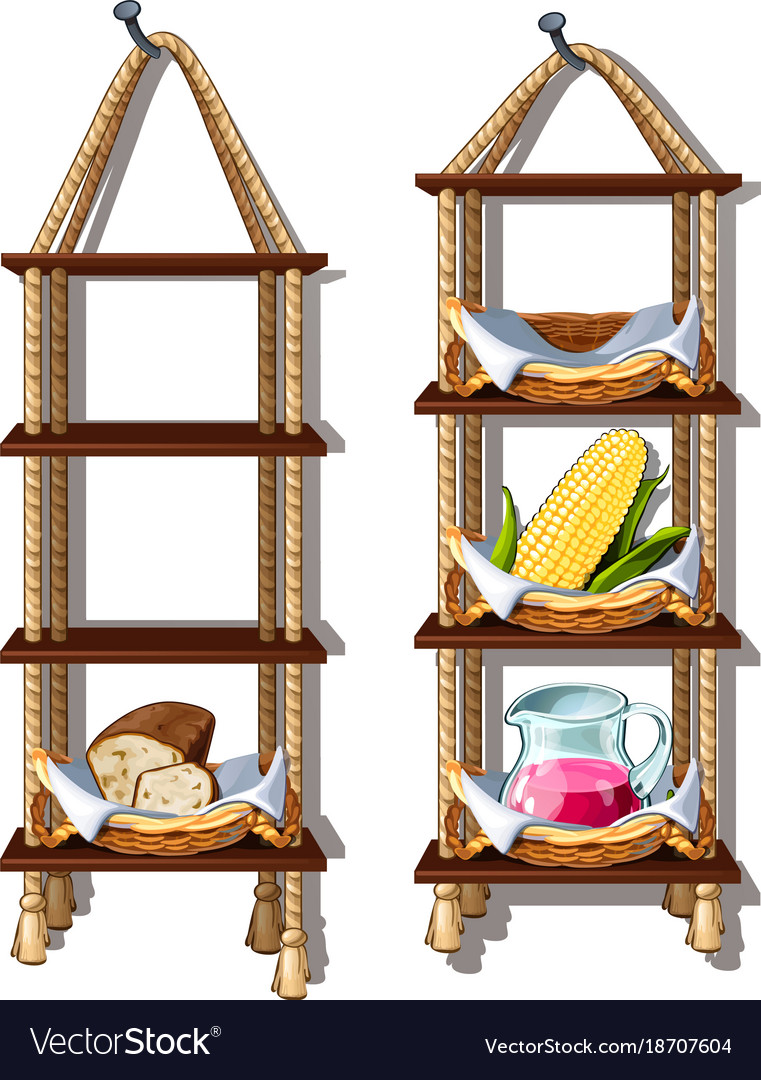 Hanging Wooden Shelves With Food And Drinks Vector Image