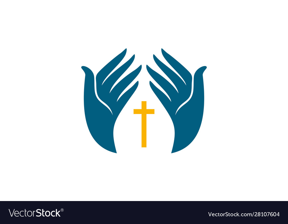 Praying hand holding cross religion church logo Vector Image