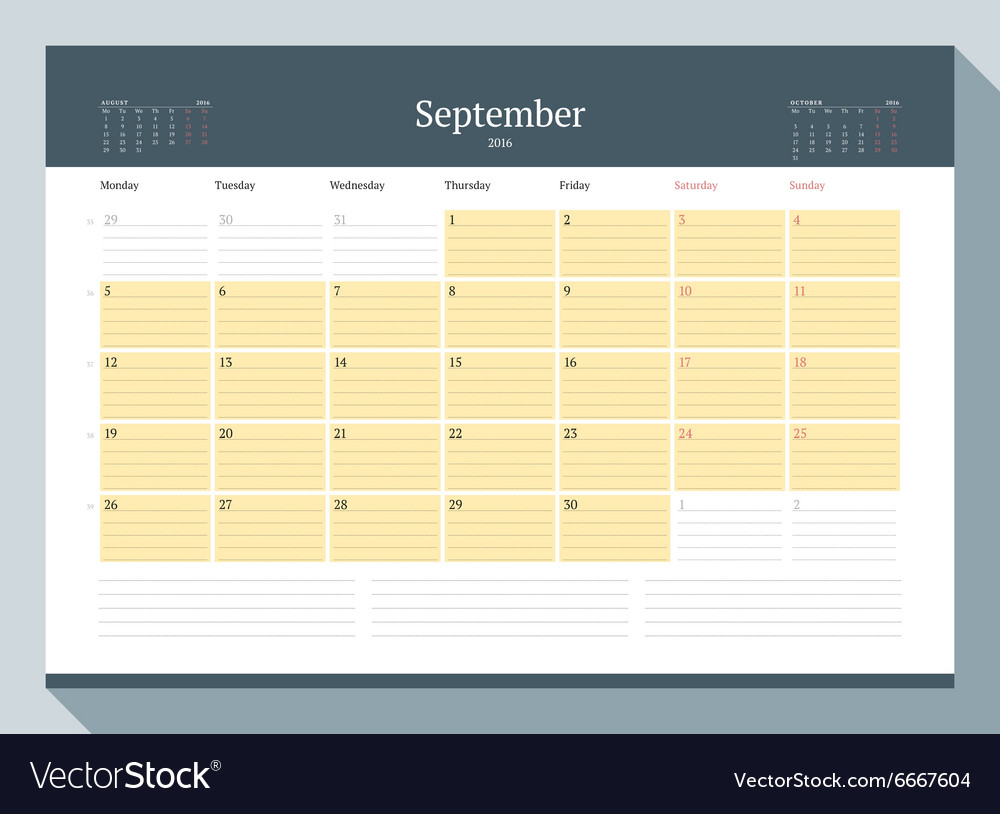 September 2016 monatlicher Kalenderplaner