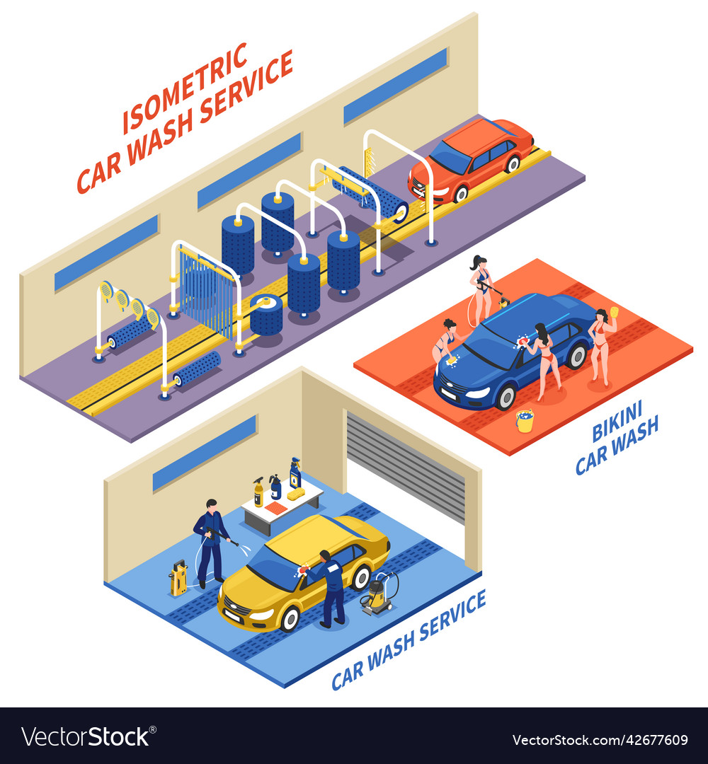 Car wash service isometric compositions Royalty Free Vector