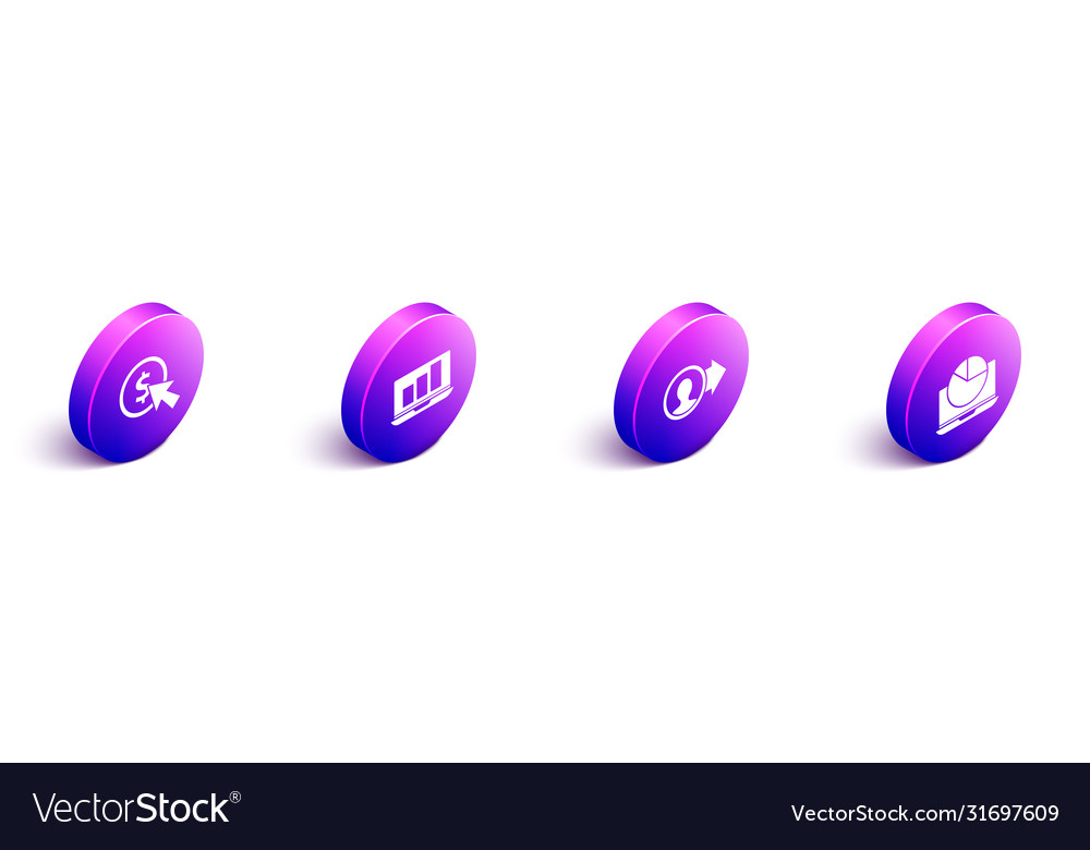 Set isometric cursor and coin laptop with graph vector image Set isometric cursor and coin laptop with graph