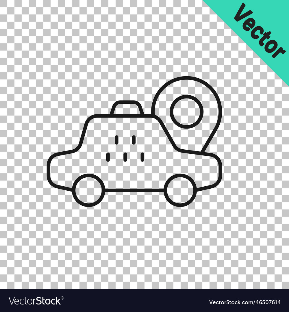 Black line map pointer with taxi car icon isolated