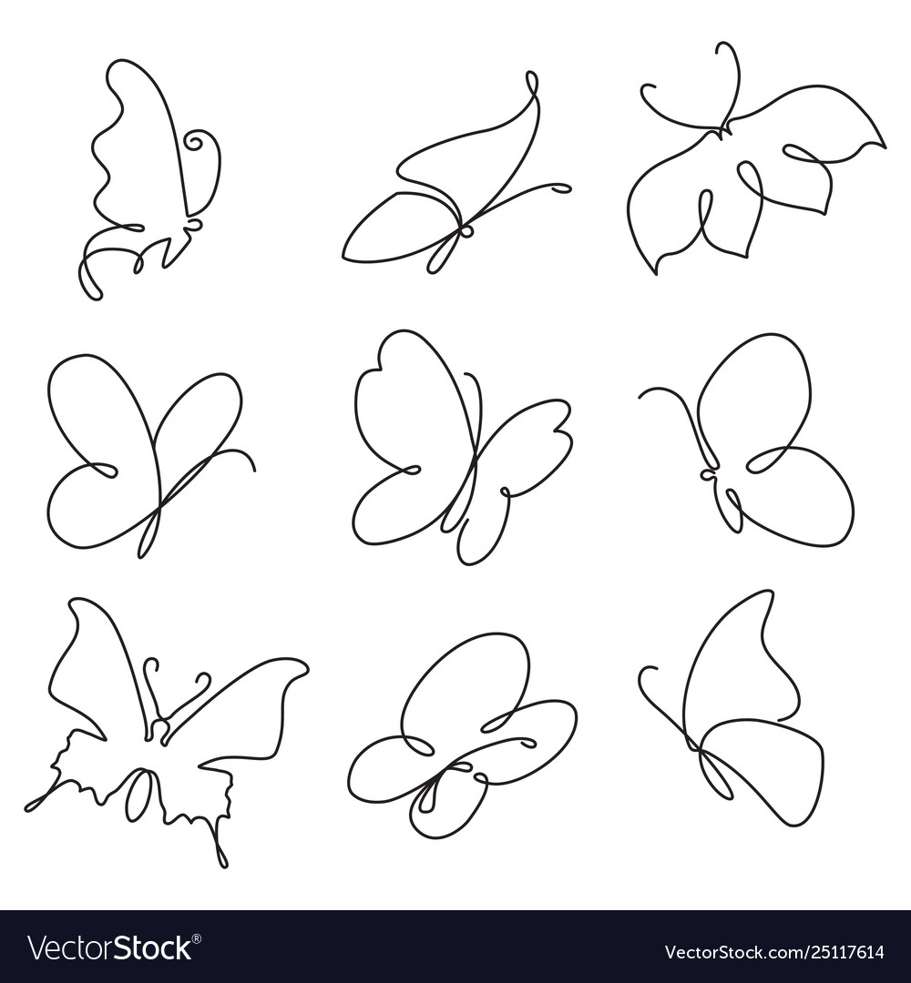 Butterfly continuous line drawing set Royalty Free Vector