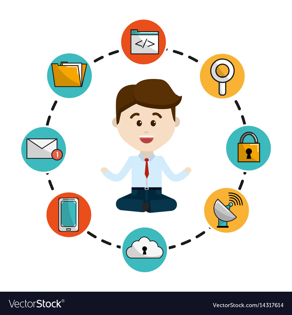 Man inside of internet icons technology