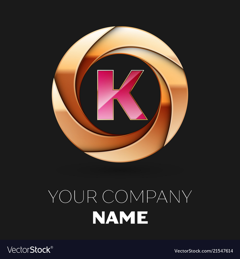 Pink letter k logo symbol in golden circle shape