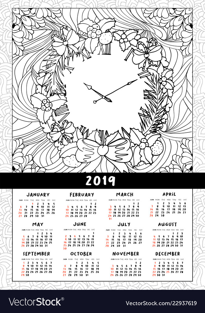 2019 wall calendar with wreath and clock