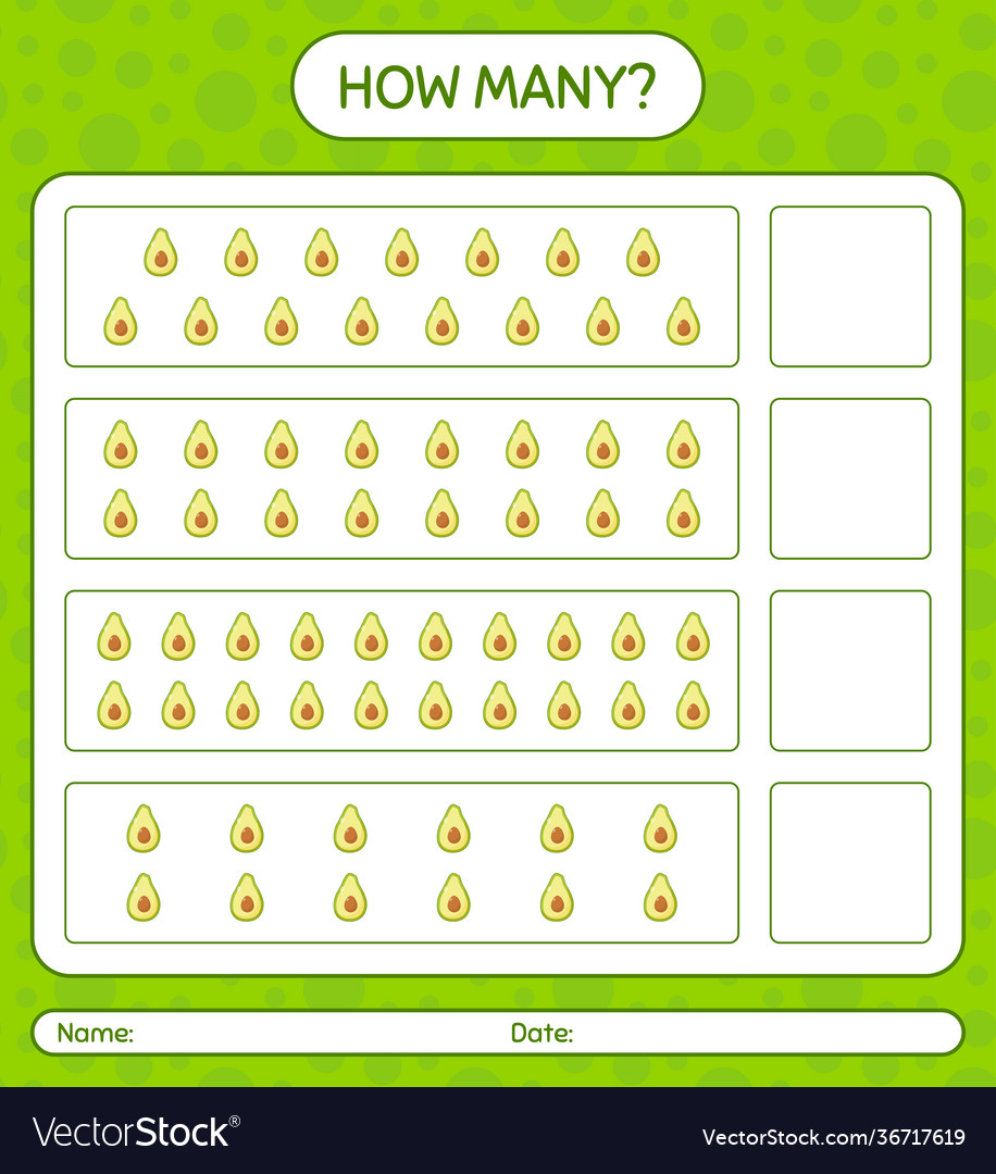 How many counting game with avocado worksheet vector image How many counting game with avocado worksheet