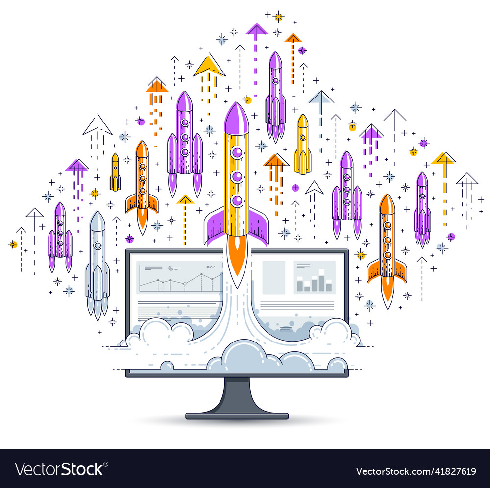 Startup rockets take off over computer monitor vector image Startup rockets take off over computer monitor