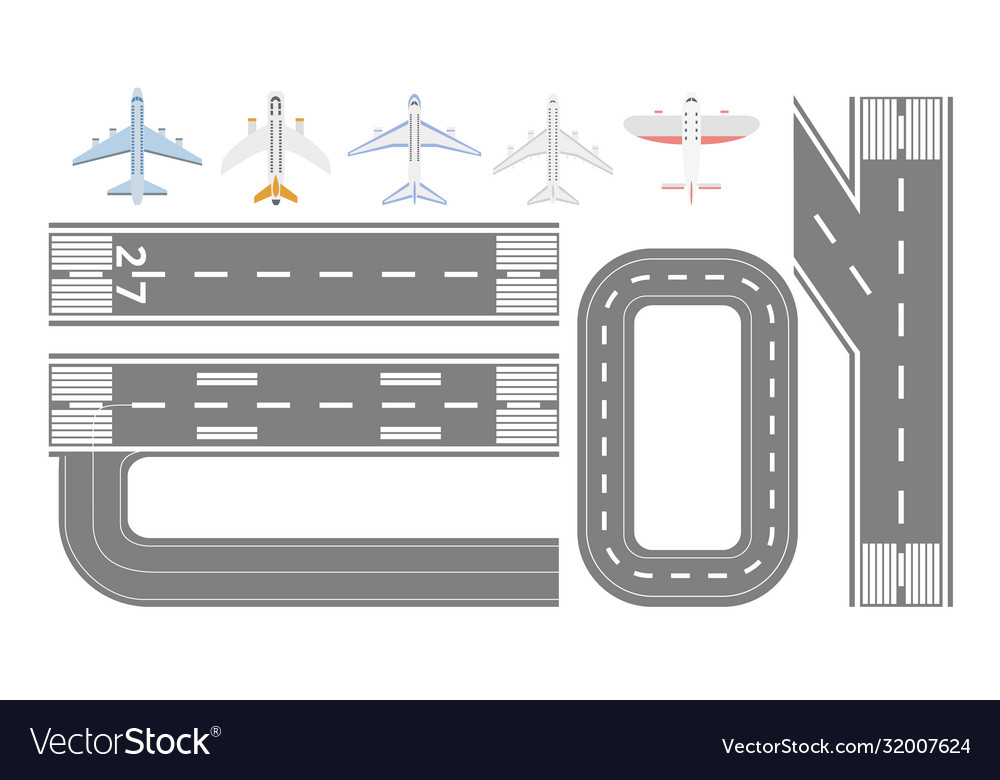 Airport runway track and airplane types set Vector Image