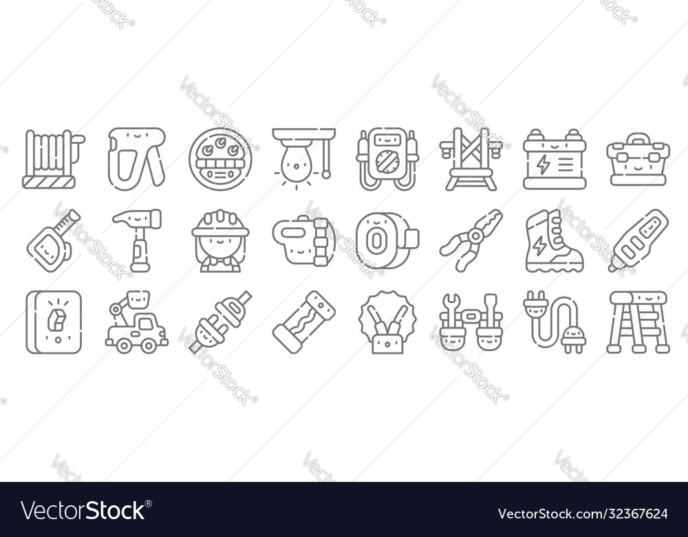 Electrician tools and line icons linear set vector image Electrician tools and line icons linear set