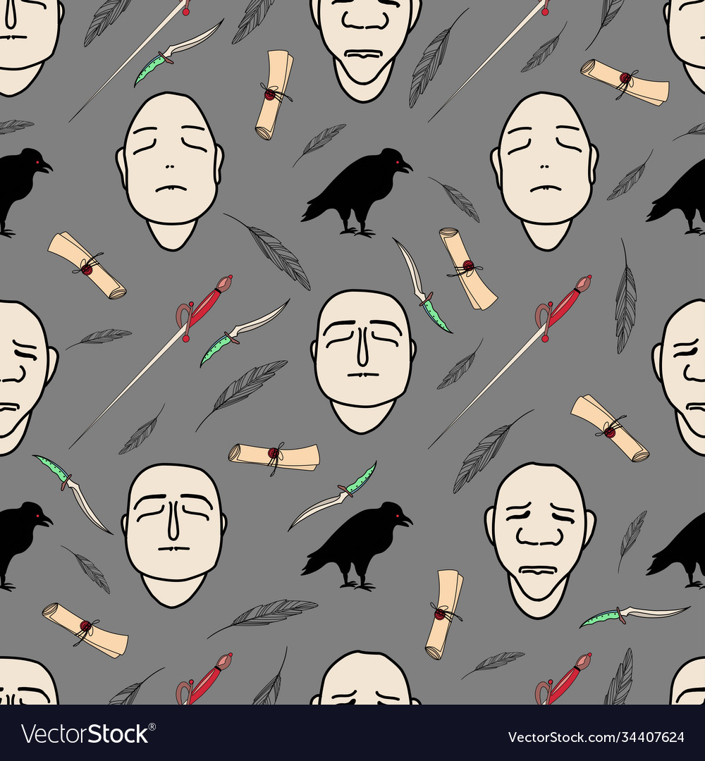 Magic pattern with faces scroll and black raven