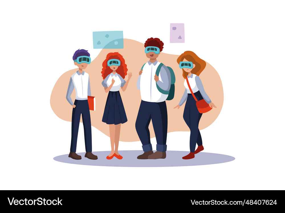 Students with virtual reality headset Royalty Free Vector