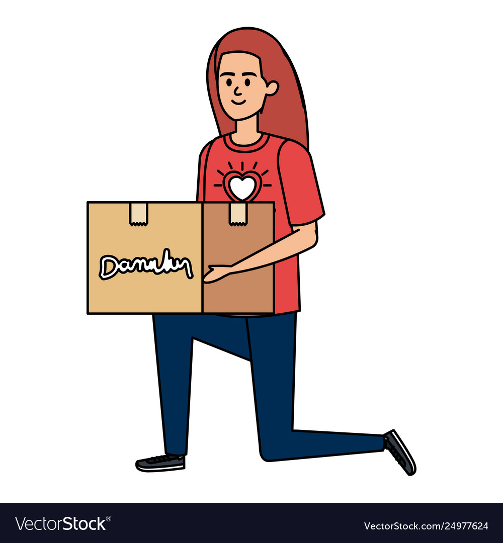 Young woman volunteer lifting donations box Vector Image