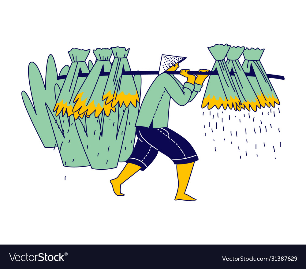 Asiatische Farmer Charakter tragen Stick mit Sheaves vector image Asiatische Farmer Charakter tragen Stick mit Sheaves