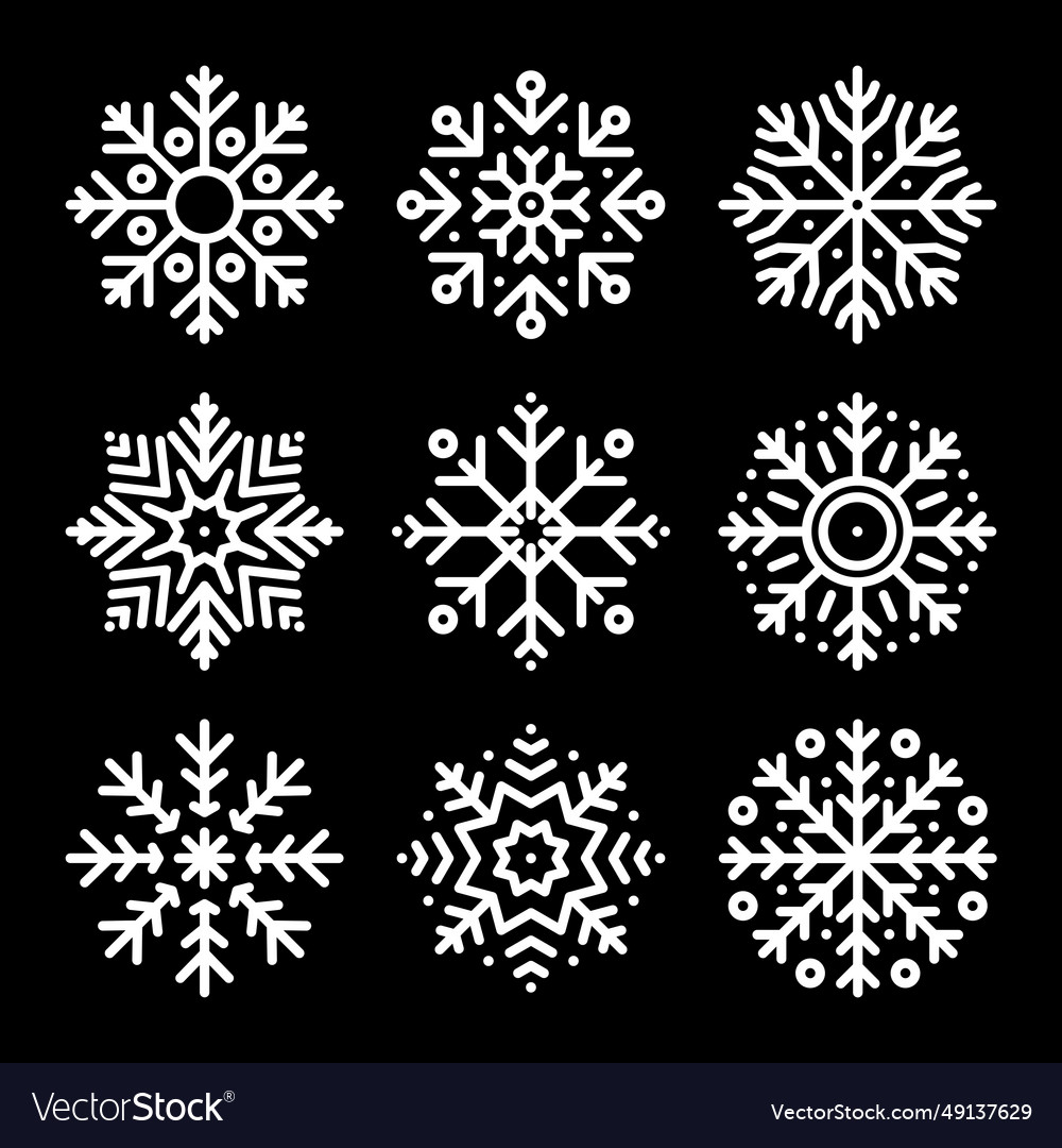 Set of snowflake icons isolated on black vector image Set of snowflake icons isolated on black