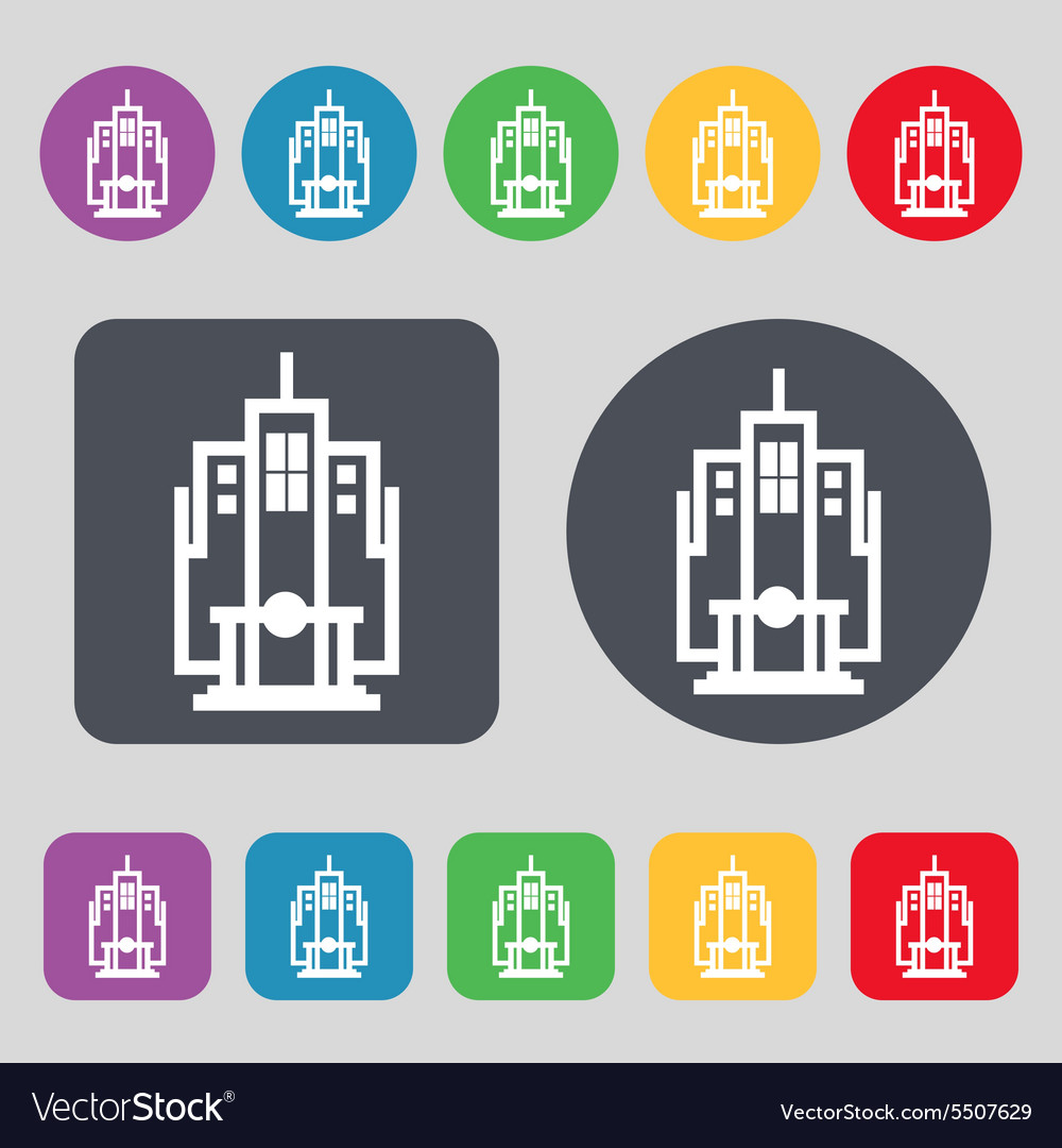 Skyscraper icon sign a set of 12 colored buttons