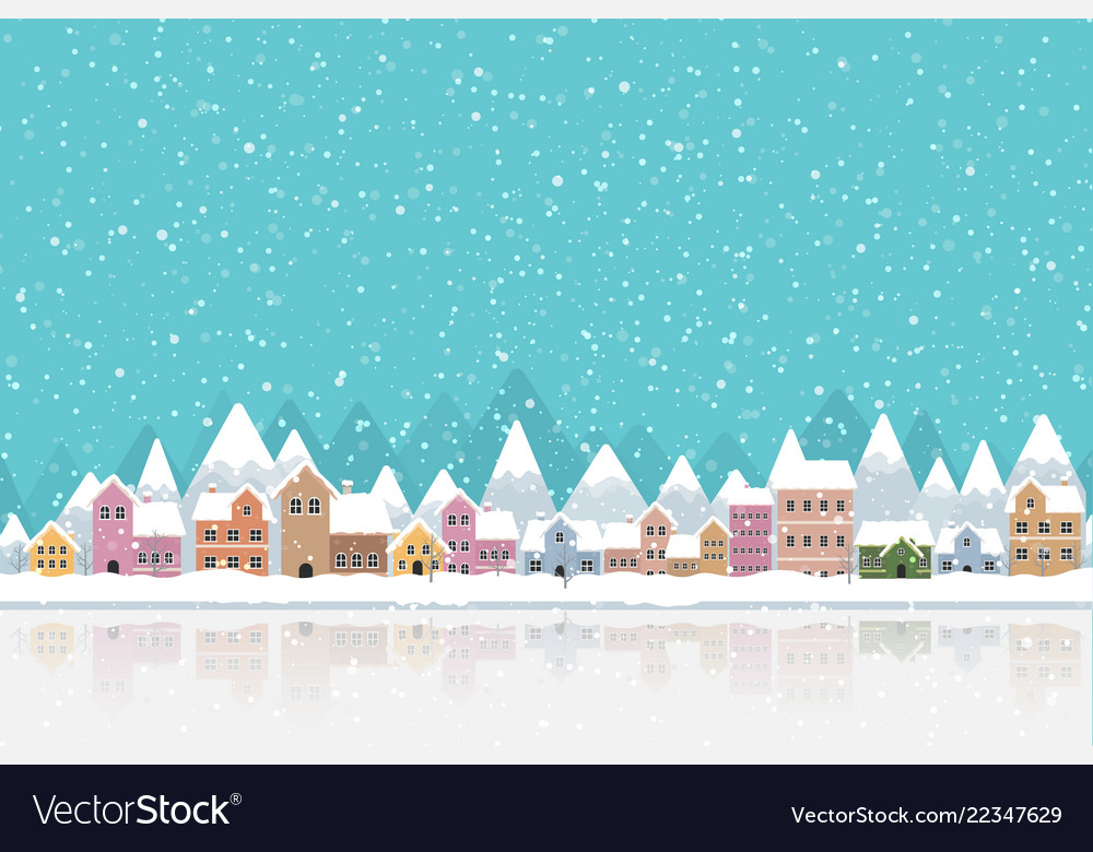 Winter town flat style with snow falling