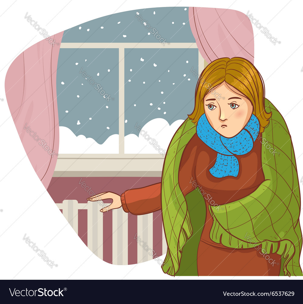 Woman in the cold apartment checks radiator