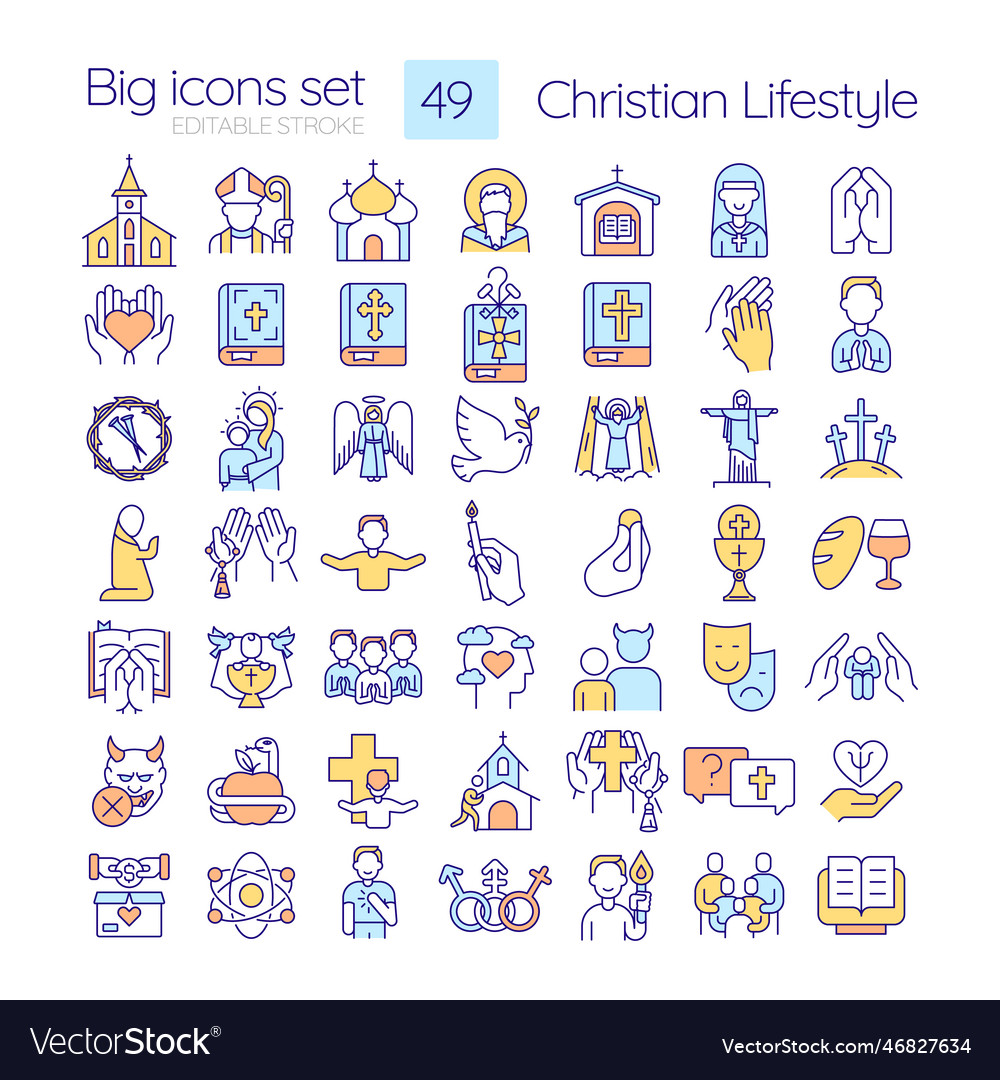 Christian lifestyle rgb color icons set Royalty Free Vector