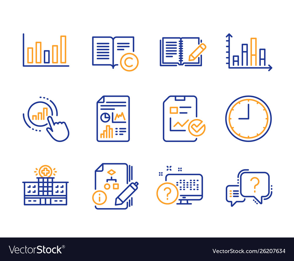 Copyright column chart and time icons set report vector image Copyright column chart and time icons set report
