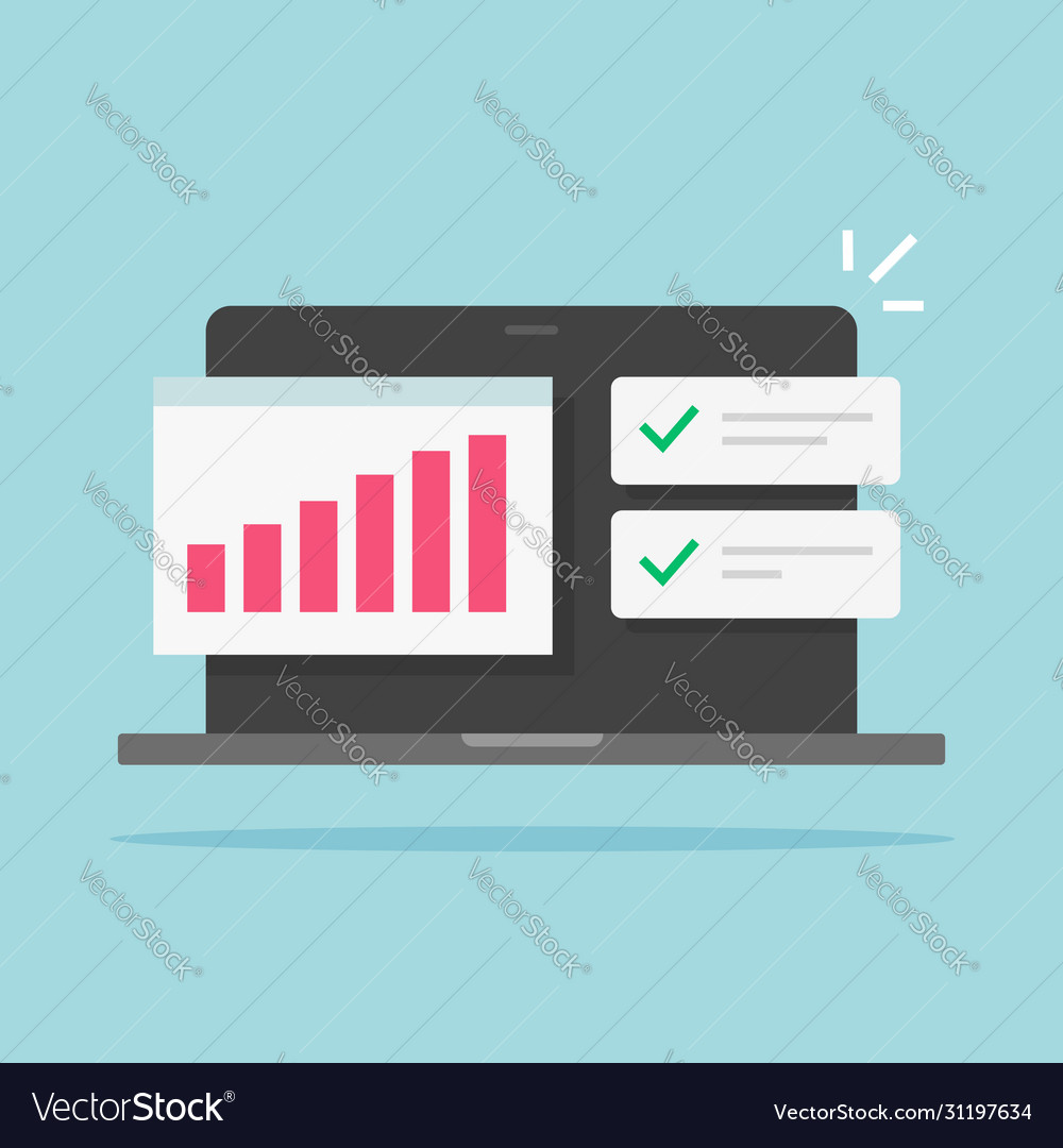 Sales data review online on computer or analysing vector image Sales data review online on computer or analysing