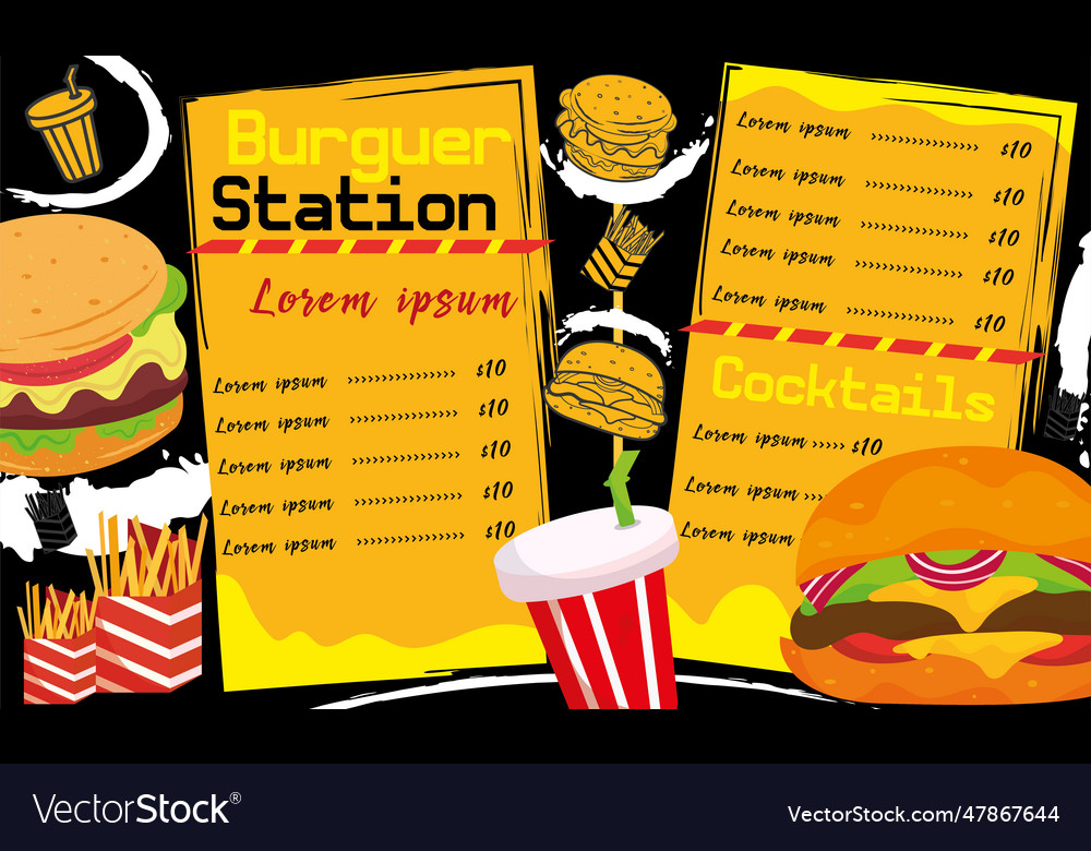 Colored fast food menu with different burger items