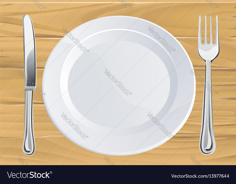 Plate and cutlery on wooden table Royalty Free Vector Image