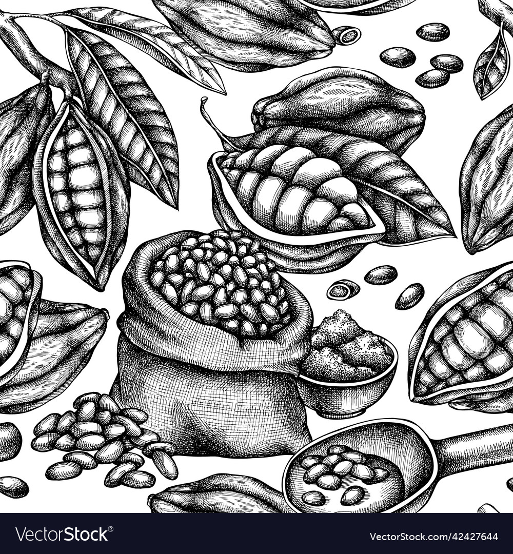 Seamless pattern with black and white cocoa beans vector image Seamless pattern with black and white cocoa beans