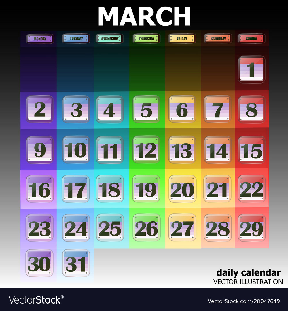 Colorful calendar for march 2020 in english set