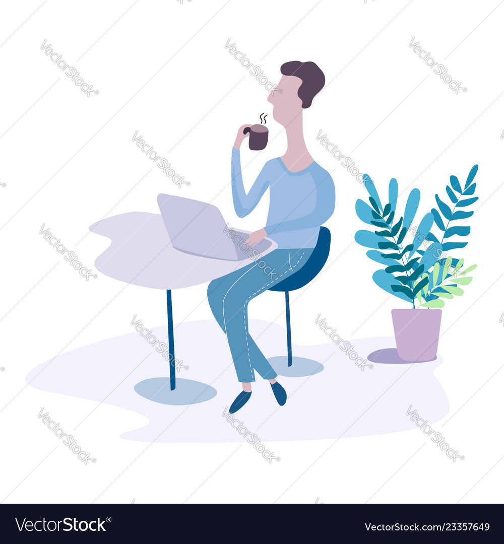 Man working on internet using laptop and drinking