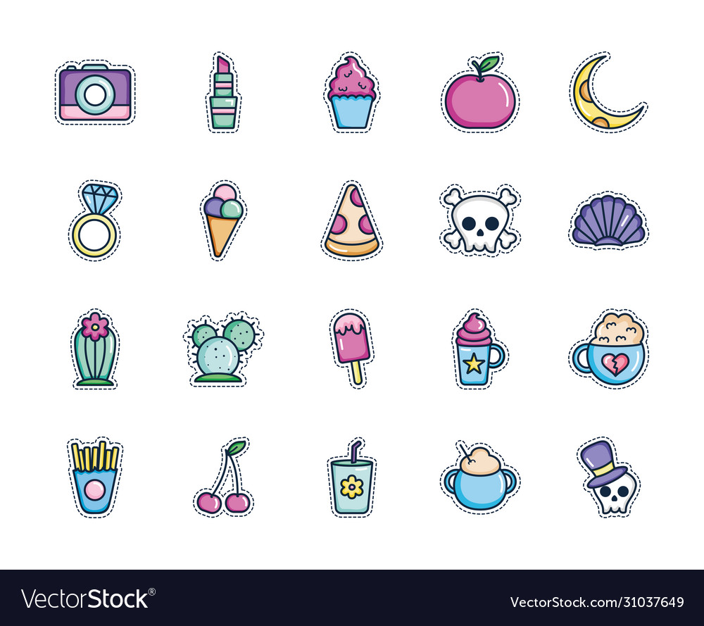 Pizza and patches icon set line color style