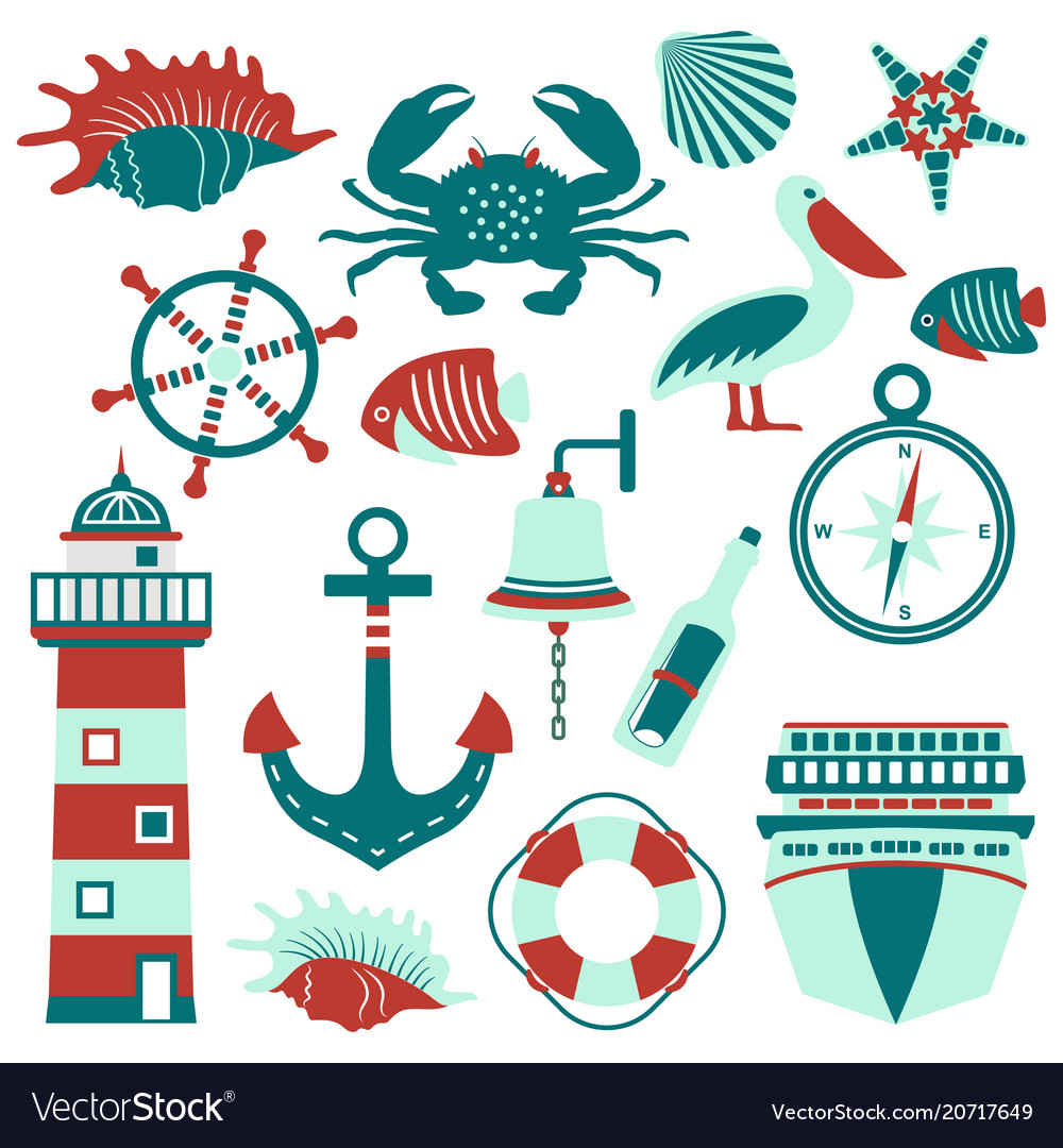 Set of nautical design elements in flat style vector image Set of nautical design elements in flat style
