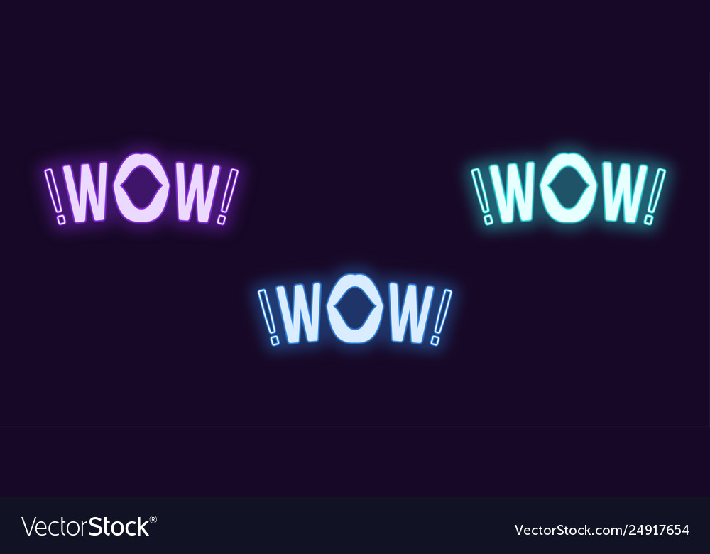 Neon icon set wow phrase glowing text vector image Neon icon set wow phrase glowing text