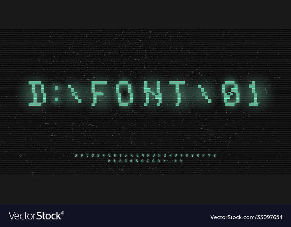 Pixel 8 bit glitch font green vhs letters Vector Image