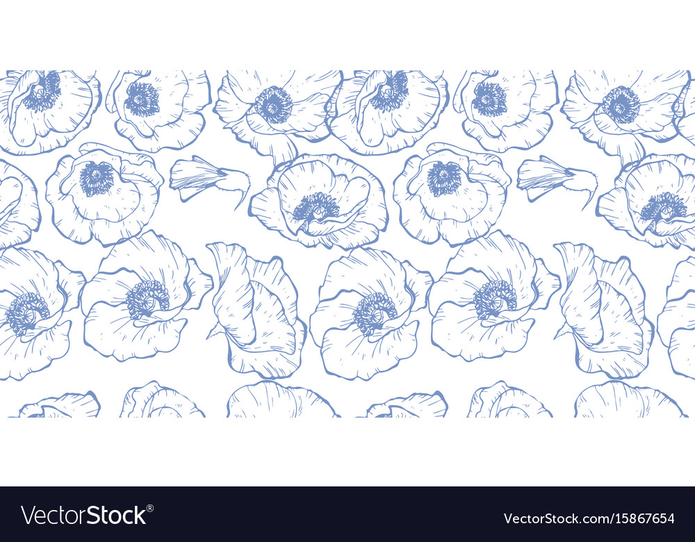 Seamless pattern with blue contoured poppy flowers