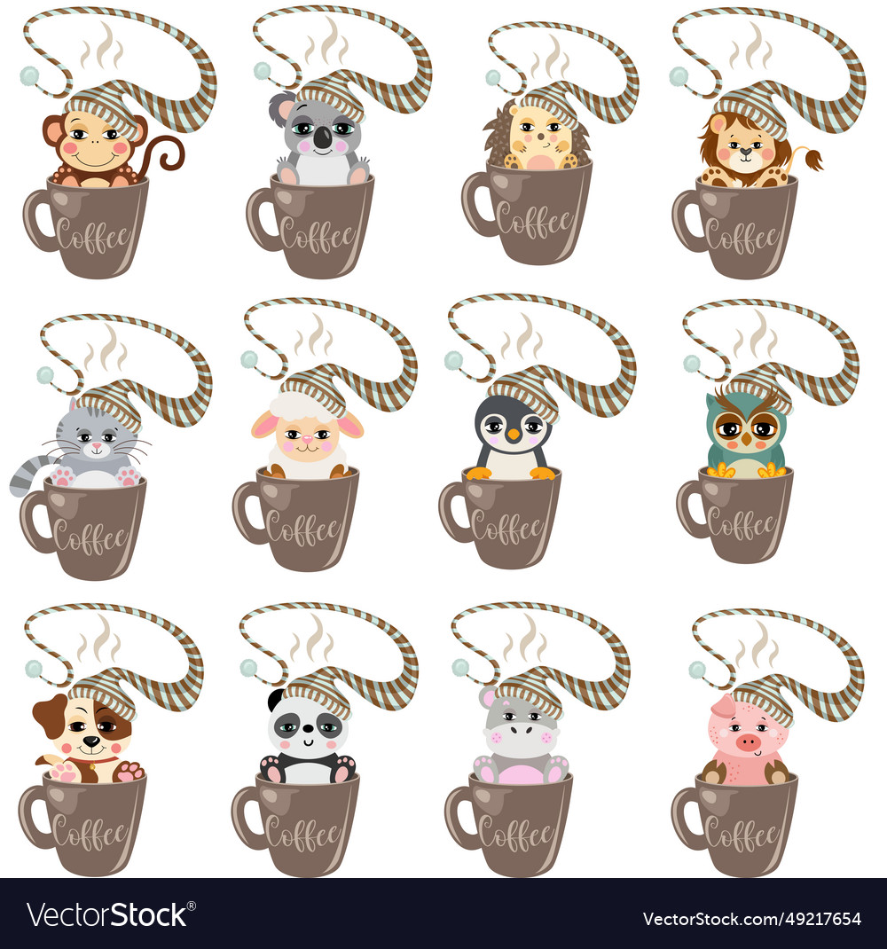 Set of sleepy animals with hat in coffee mug