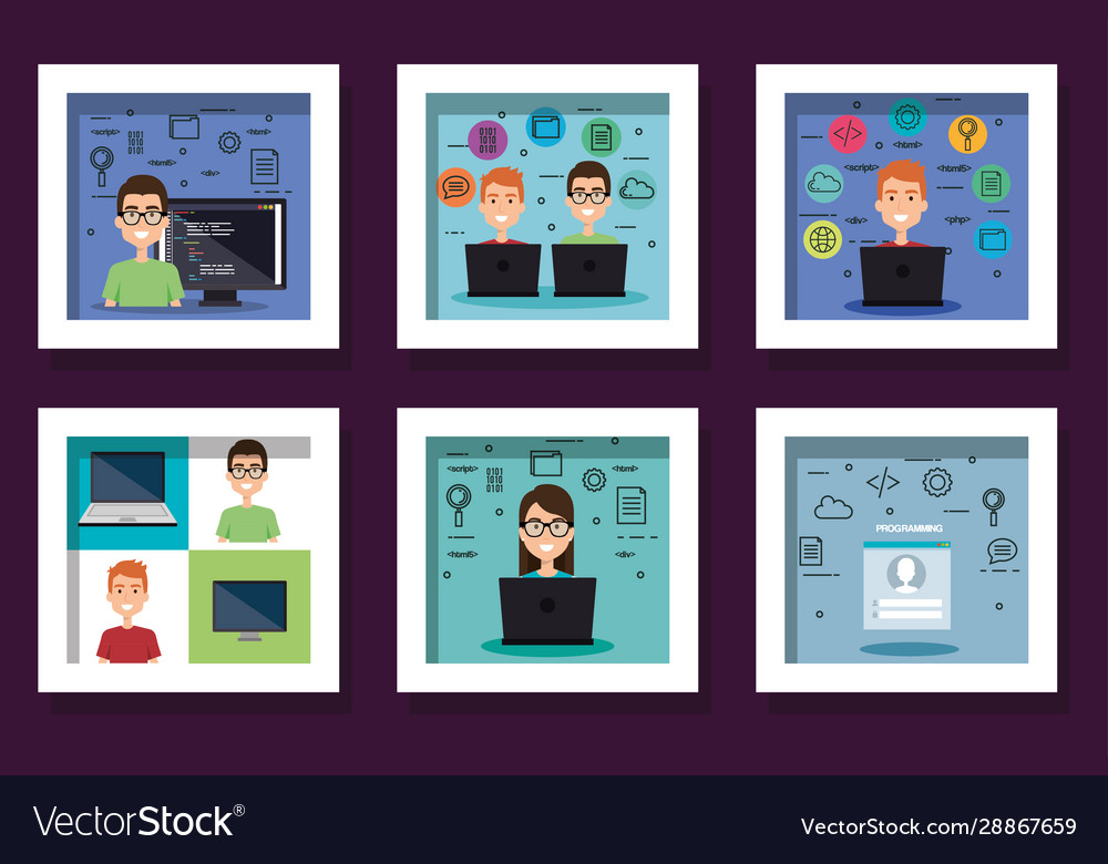 Bundle designs programming computer with people vector image Bundle designs programming computer with people