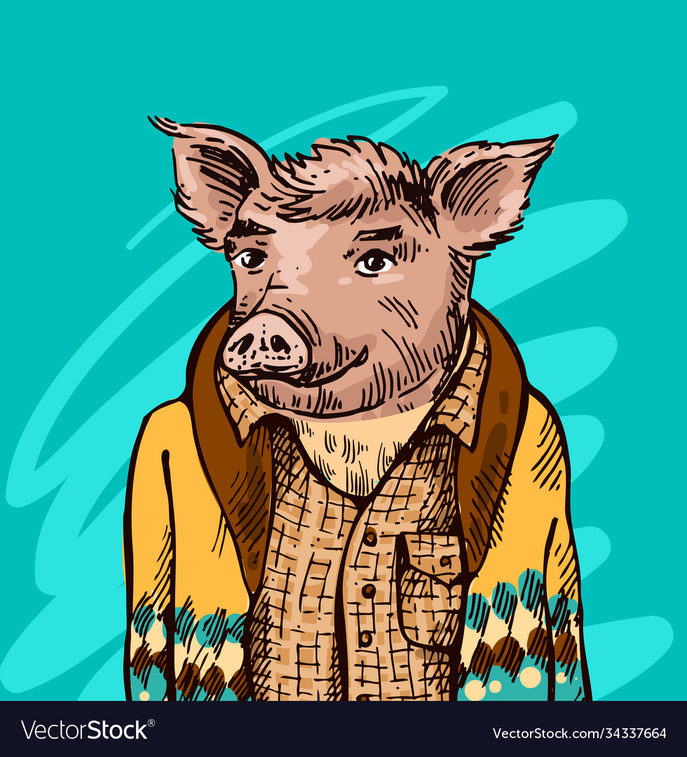 Pig dressed hand drawn humanized vector image Pig dressed hand drawn humanized