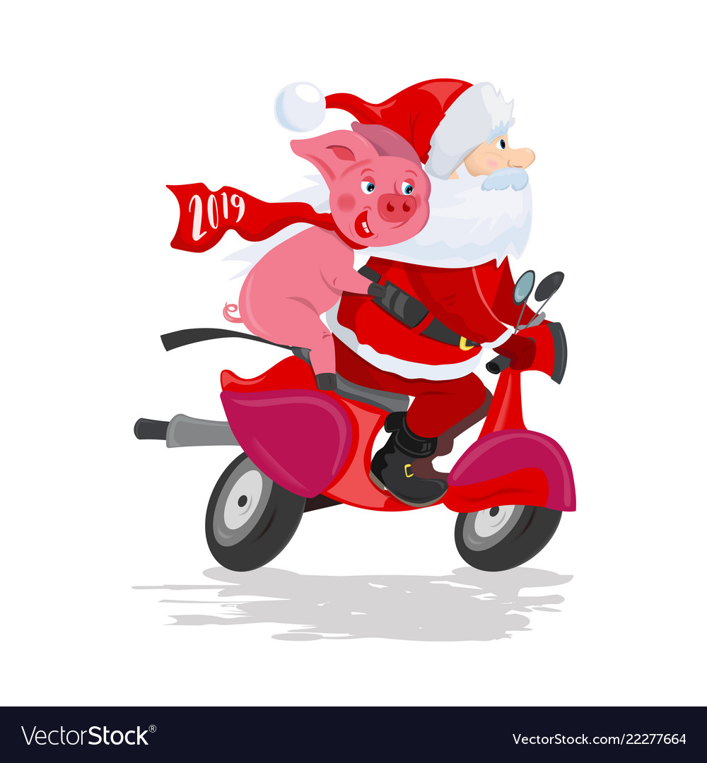 Santa claus and pig on a red scooter