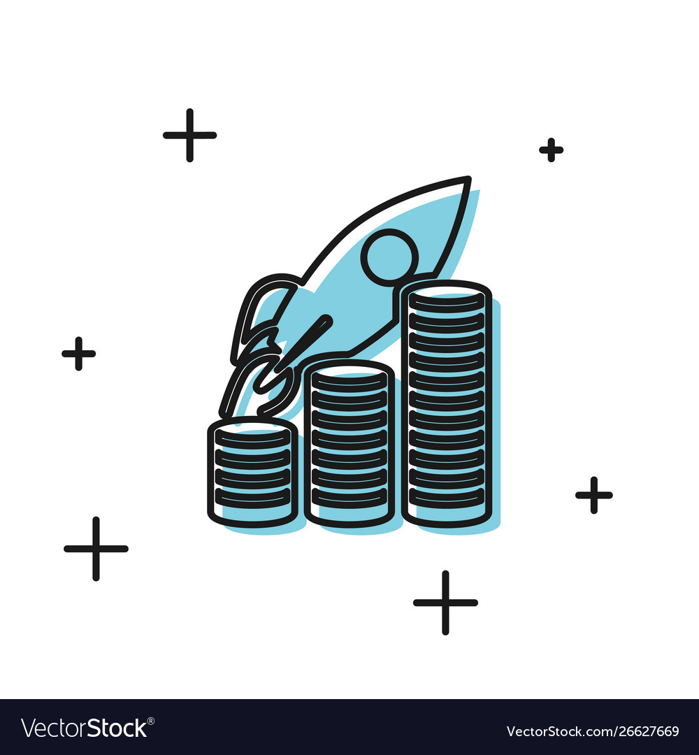 Black rocket flying up on coins growth chart icon