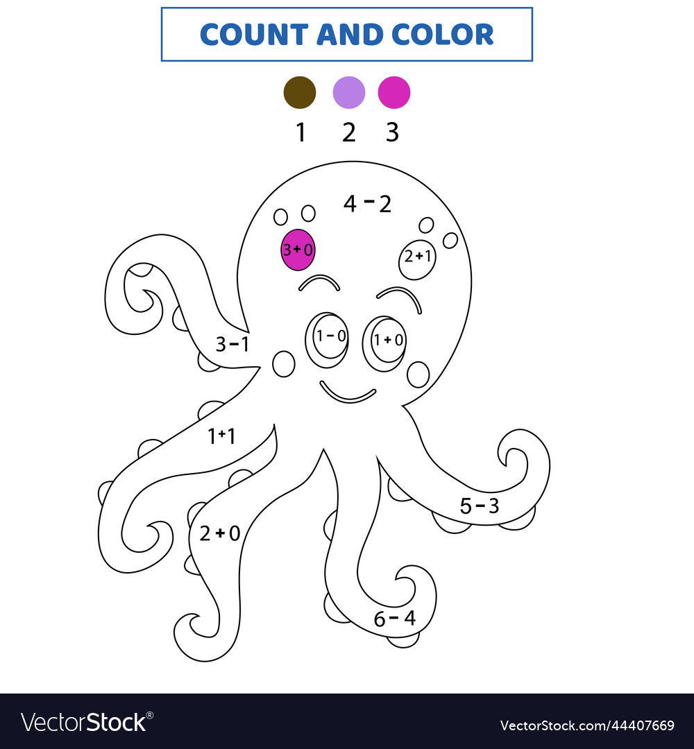 Count and color cute octopus by numbers math game vector image Count and color cute octopus by numbers math game