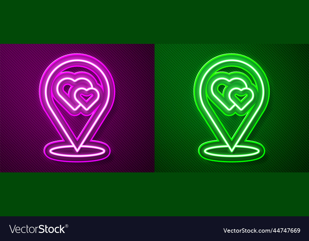 Glowing neon line map pointer with heart icon