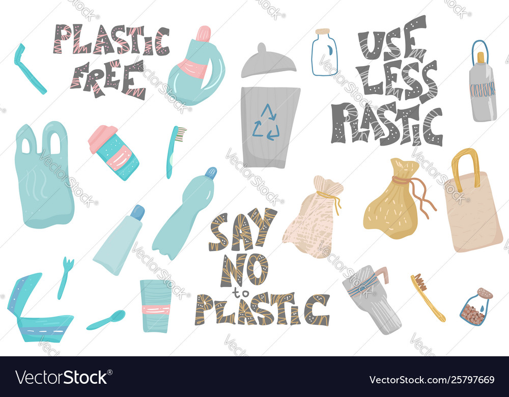 Plastic free concept with text and symbols Vector Image