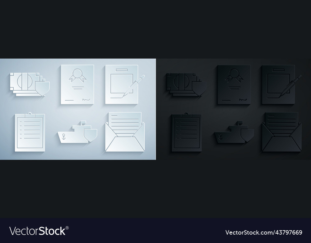 Set ship with shield blank notebook and pen vector image Set ship with shield blank notebook and pen